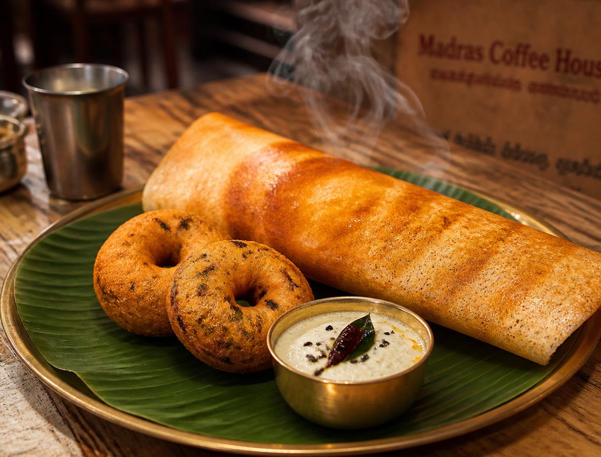 Ghee roast dosai with medu vadai and coconut chutney on a banana leaf